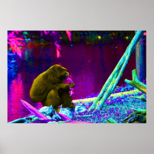 Primate eating greens on edge of land neon poster