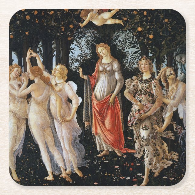 Primavera, Sandro Botticelli, 1482 Square Paper Coaster (Front)
