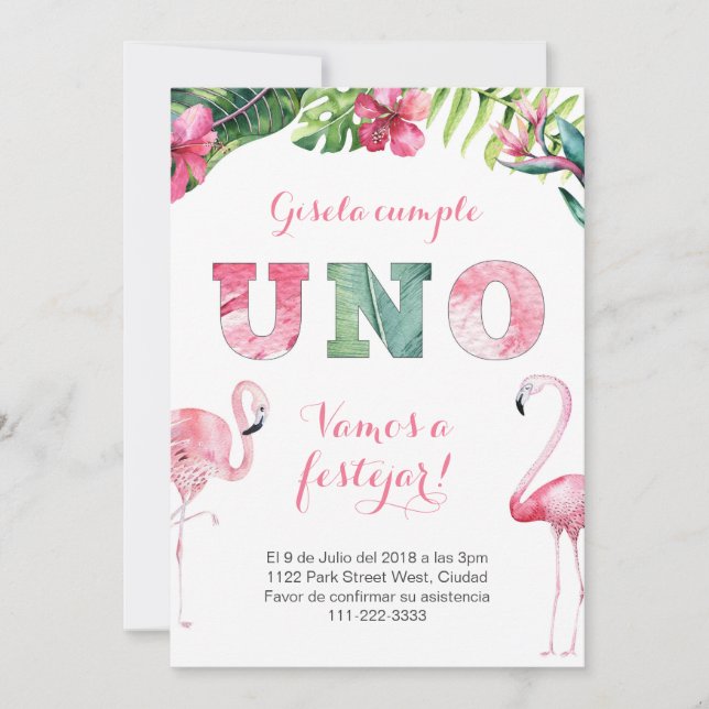Primer Añito Flamenco | 1st Birthday Flamingo Invitation (Front)