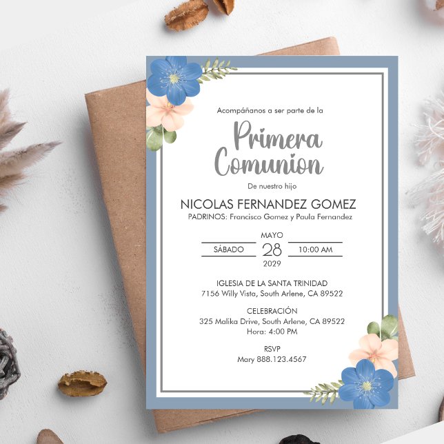 Primera Comunion Blue Flowers  First Communion Invitation (Creator Uploaded)