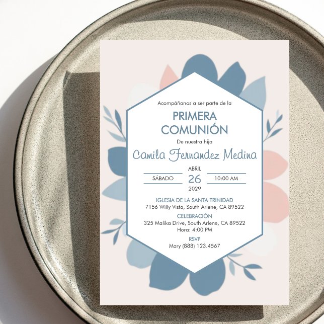 Primera Comunion Blue Leaves First Holy Communion Invitation (Creator Uploaded)