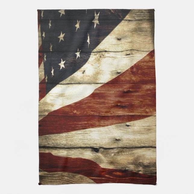Primitive Americana woodgrain American Flag Kitchen Towel (Vertical)