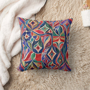 Primitive Art Colourful Watercolor Throw Pillow