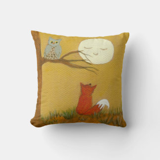 Primitive Art Painting Woodland Fox Owl Moon Throw Pillow