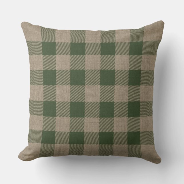 Primitive Autumn Rustic Cabin Green Check Plaid Throw Pillow (Front)