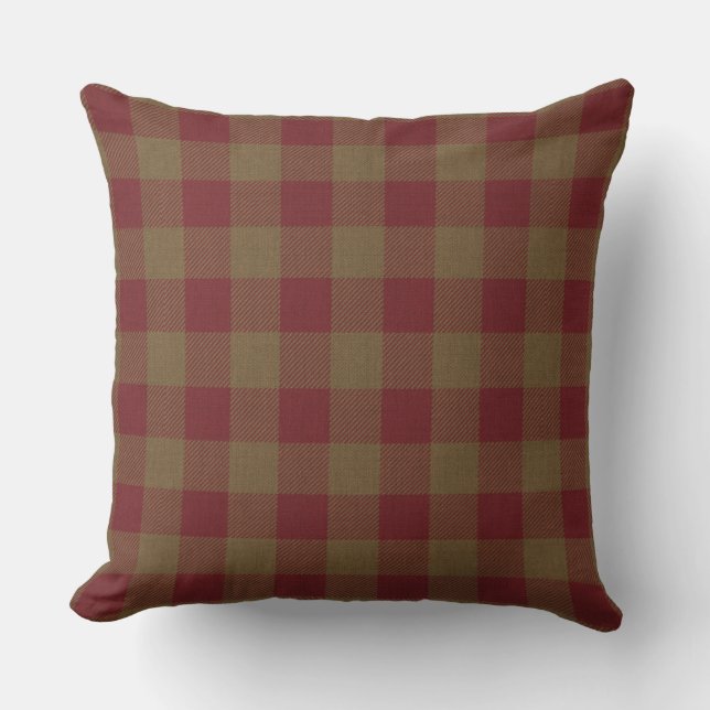 Primitive Autumn Rustic Cabin Red Check Plaid Throw Pillow (Front)