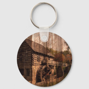 Primitive Barn Wood farmhouse mill water wheel Keychain
