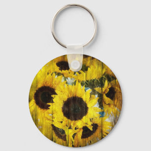 Primitive Barn Wood Western Country Sunflower Keychain