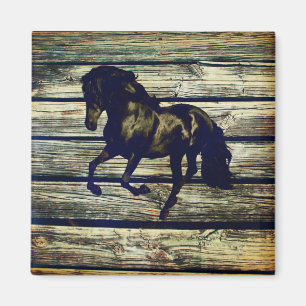 Primitive BarnWood Equestrian Black Stallion Horse Magnet