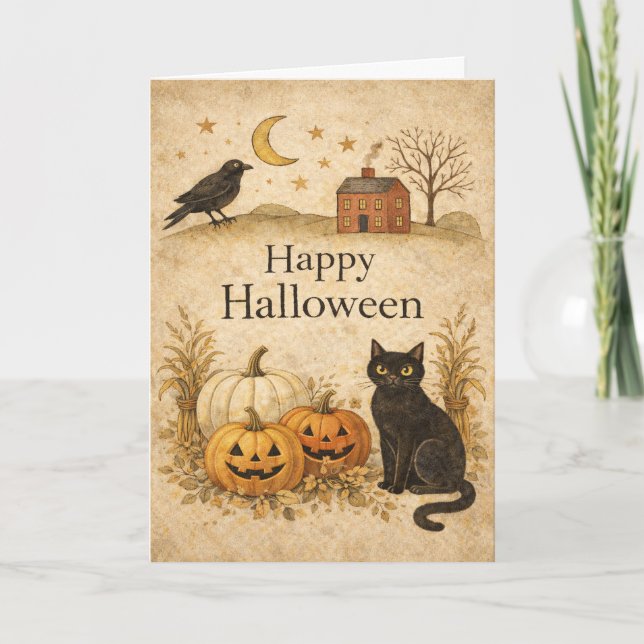 Primitive Black Cat Folk Art Halloween Card (Front)
