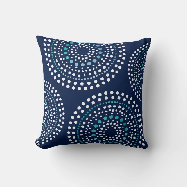 Primitive Boho Mosaic Pattern Aqua Navy Throw Pillow (Front)