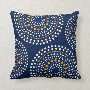 Primitive Boho Mosaic Pattern Navy Gold Throw Pillow