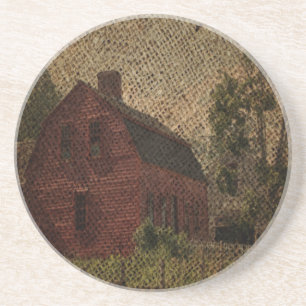 Primitive burlap country farmhouse red barn coaster