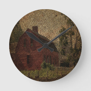Primitive burlap country farmhouse red barn round clock