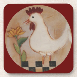 Primitive Chicken and Flower Painting Coaster