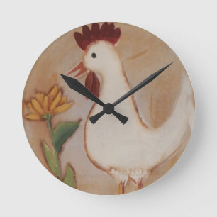 Primitive Chicken and Flower Painting Round Clock