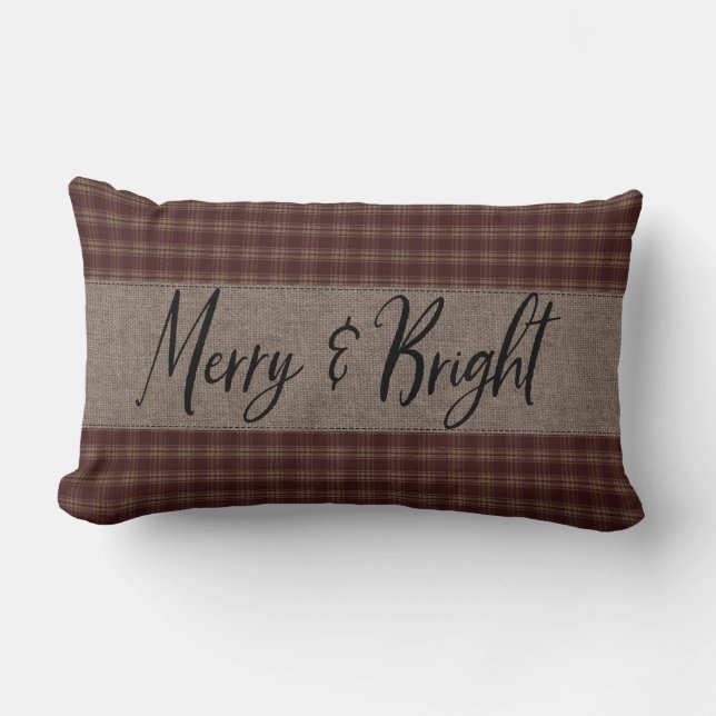 Primitive Christmas Burgundy Homespun Merry Lumbar Pillow (Front)