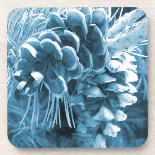 Primitive Christmas pine tree ice blue pinecone Coaster