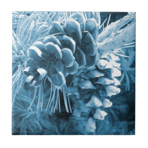 Primitive Christmas pine tree ice blue pinecone Tile