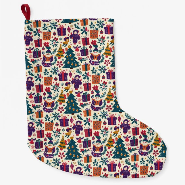 Primitive Christmas Stocking, Angel Folk Art Large Christmas Stocking (Front)