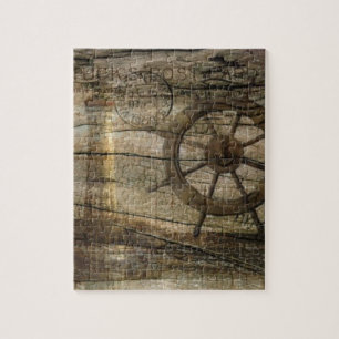 Primitive Coastal Nautical Helm Wheel lighthouse Jigsaw Puzzle
