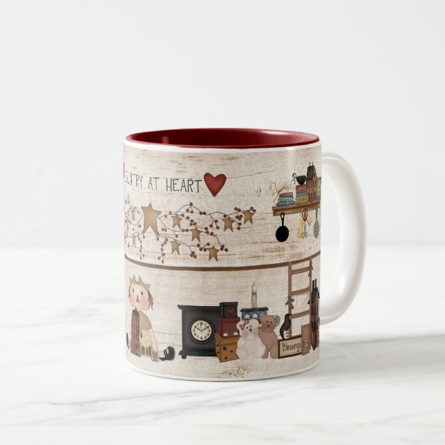 Primitive "Country At Heart" Two-Tone Coffee Mug (Front Right)