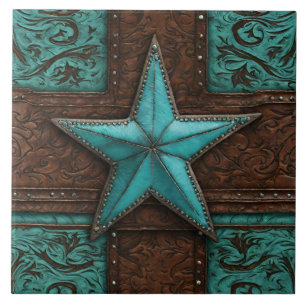 Primitive Country Brown Turquoise Western Star  Tile
