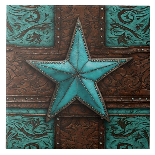Primitive Country Brown Turquoise Western Star  Tile (Front)