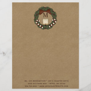 Primitive Country Christmas Wreath Monogrammed Letterhead