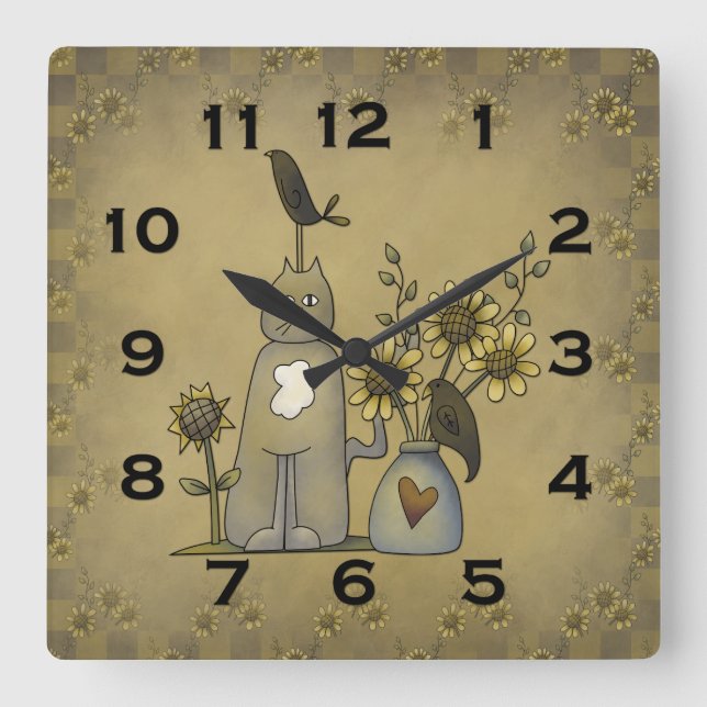 Primitive Country Crows Cat Sunflowers Wall Clock (Front)