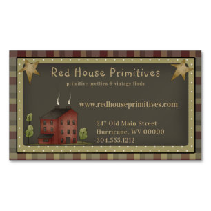 Primitive Country Red Saltbox House & Stars Magnetic Business Card