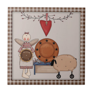 Primitive Country Sunflower Sheep & Angel Tile