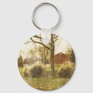 Primitive Country Tree Farm Red Cabin in the woods Keychain