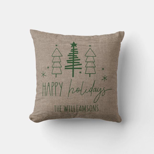 Primitive Country Trees Happy Holidays Family Name Throw Pillow (Front)