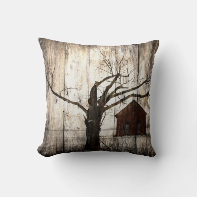 Primitive Country Woodgrain Winter Tree Red Barn Throw Pillow (Front)