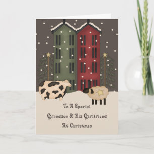 Primitive Cow Sheep Grandson Girlfriend Christmas Holiday Card