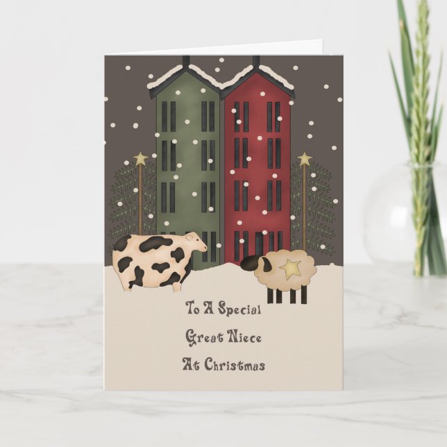 Primitive Cow & Sheep Great Niece Christmas Holiday Card (Front)