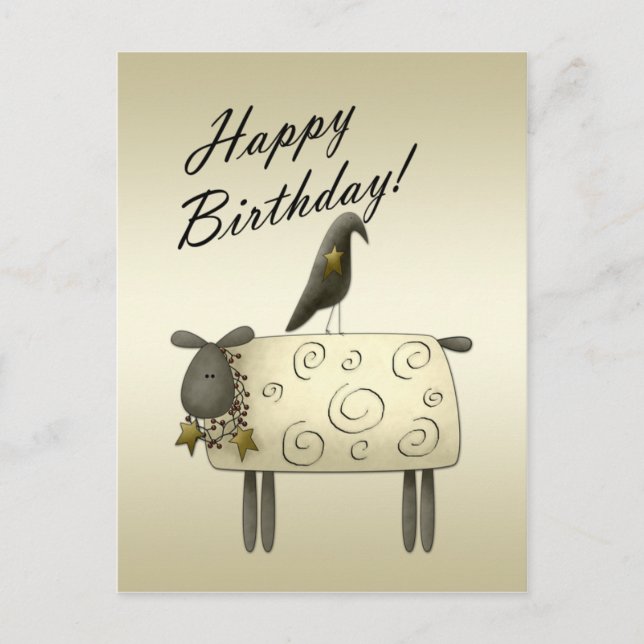 Primitive Crow and Sheep Birthday Postcard (Front)
