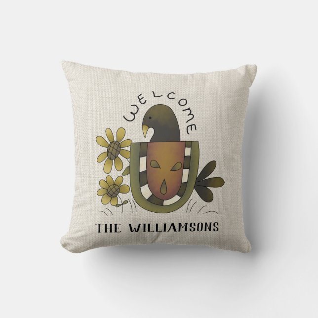 PRIMITIVE CROW WELCOME COUNTRY NAME THROW PILLOW (Front)