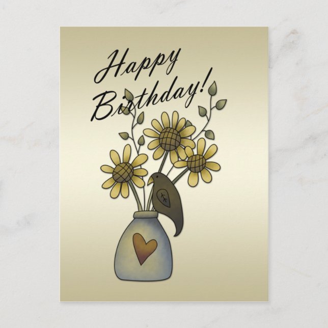 Primitive Crows Sunflowers Birthday Postcard (Front)