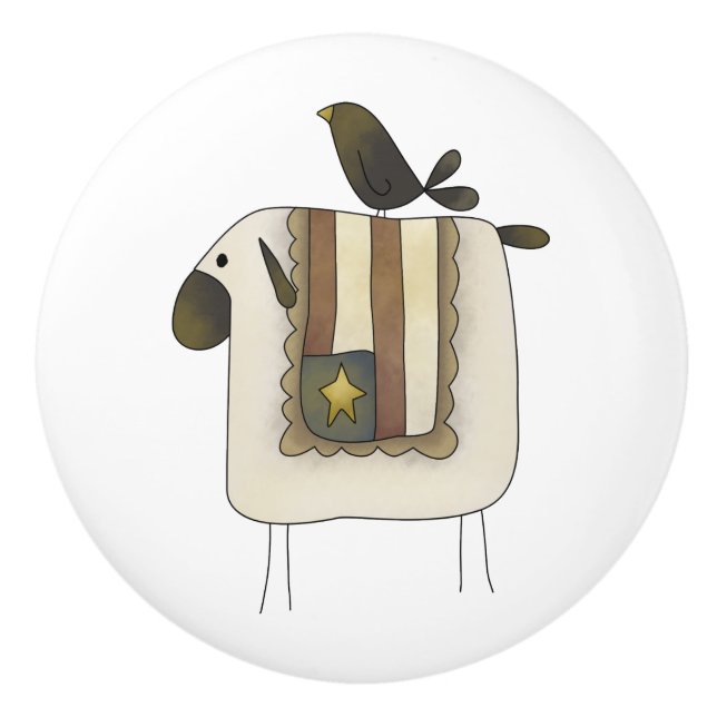 Primitive Cute Sheep and Crow Drawer Knobs (Front)