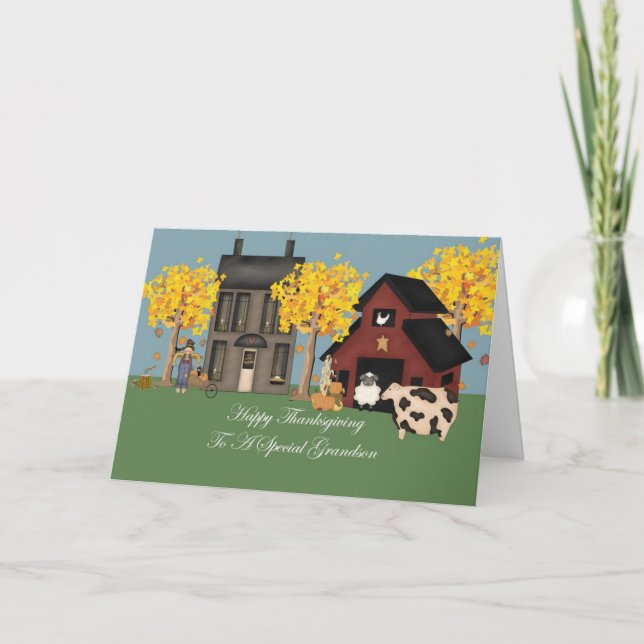 Primitive Farm Grandson Thanksgiving Holiday Card (Front)