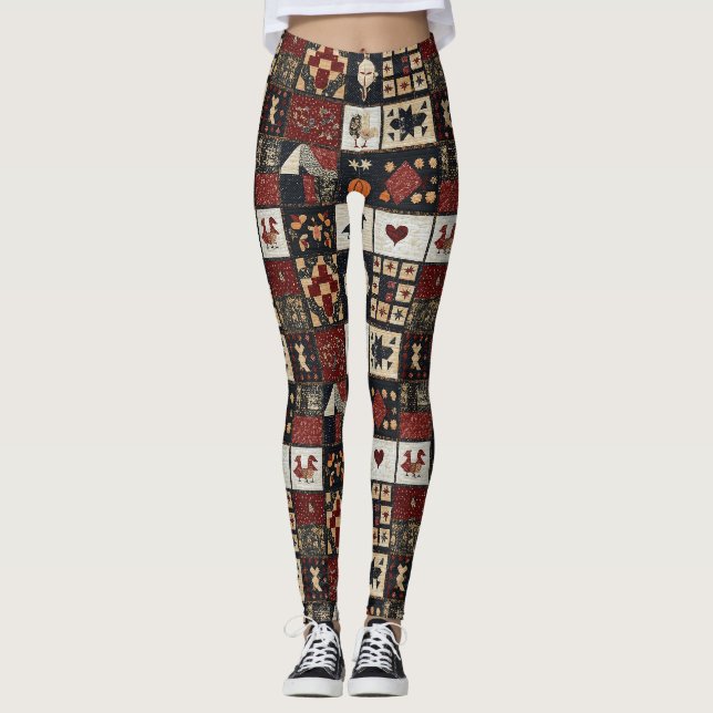 Primitive Farmhouse Appliqué & Geometric Leggings (Front)