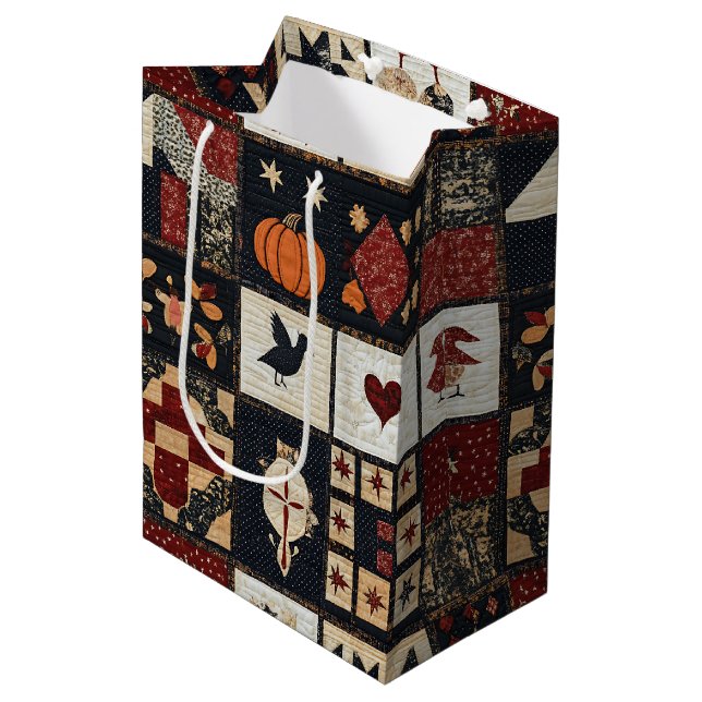 Primitive Farmhouse Appliqué & Geometric Medium Gift Bag (Front Angled)