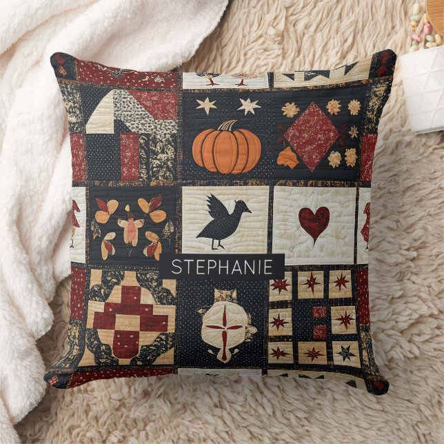Primitive Farmhouse Appliqué & Geometric Throw Pillow (Blanket)