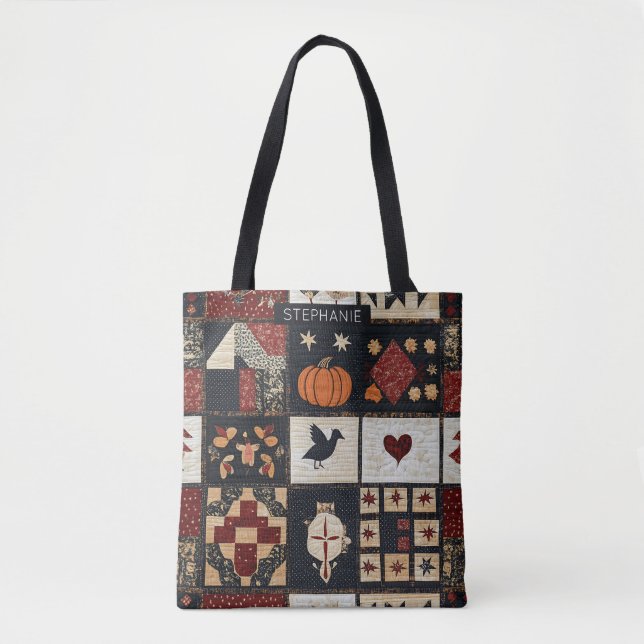 Primitive Farmhouse Appliqué & Geometric Tote Bag (Front)