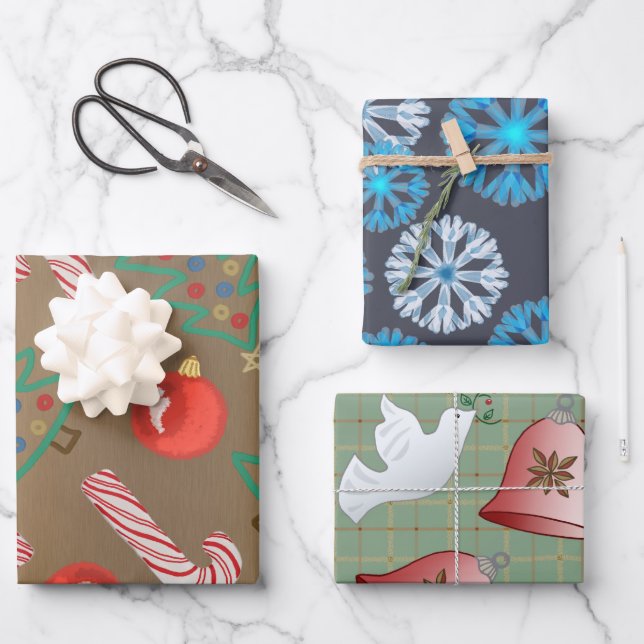 Primitive Festive Doves Snowflakes Christmas Art Wrapping Paper Sheet (Front)