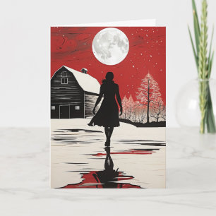 Primitive Folk Art Christmas Card Full Moon Woman