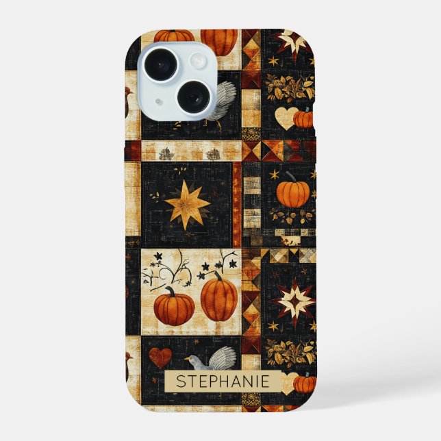 Primitive Folk Art Quilt Pattern | Rustic Autumn iPhone 15 Case (Back)