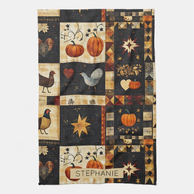 Primitive Folk Art Quilt Pattern | Rustic Autumn Kitchen Towel (Vertical)